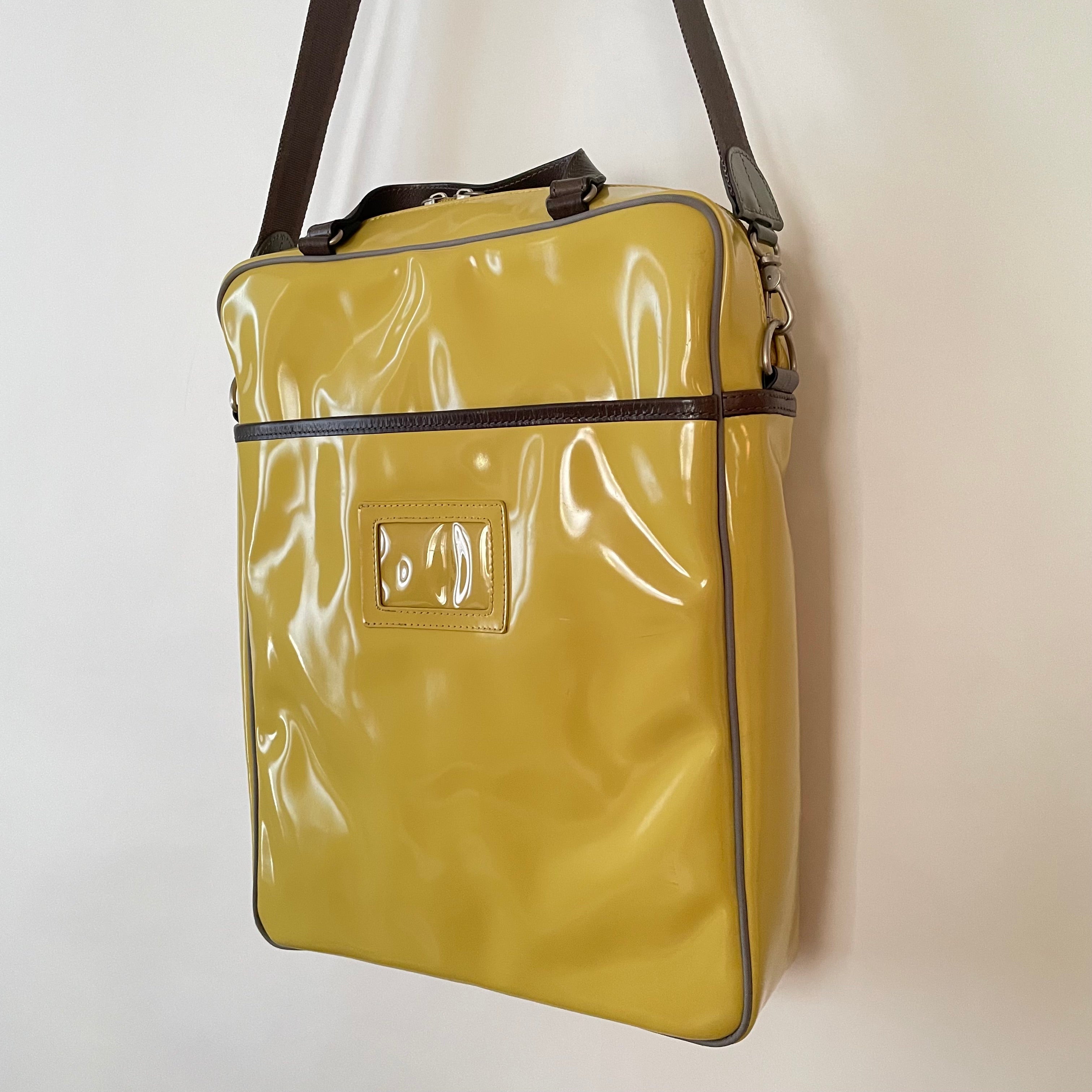 Premium Collection | Tall Vegan Enamel Leather Shoulder Bag with Detachable Shoulder Straps & Genuine Leather Handles & Juggling Robot Print | Yellow